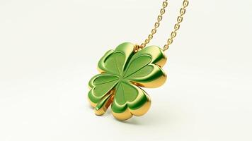 Isolated 3D Render of Shiny Green And And Golden Clover Leaves Pendant And Copy Space. St Patricks Day Concept. photo