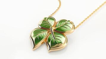 3D Render of Glossy Green And Golden Clover Leaves Pendant Or Locket And Copy Space. St Patricks Day Concept. photo