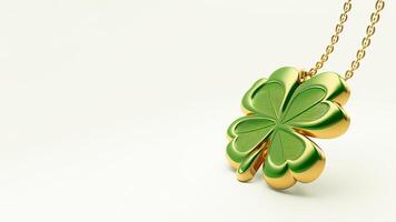 Isolated 3D Render of Shiny Green And And Golden Clover Leaves Pendant And Copy Space. St Patricks Day Concept. photo