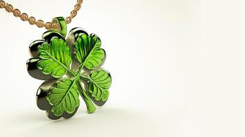 3D Render of Shiny Green Clover Leaves Locket Or Pendant And Copy Space. St Patricks Day Concept. photo