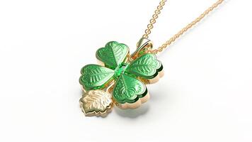 3D Render of Shiny Green And Golden Clover Leaves Pendant Or Locket And Copy Space. St Patricks Day Concept. photo