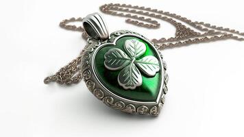 3D Render of Ethnic Green Clover Heart Pendant And Copy Space. St Patricks Day Concept. photo