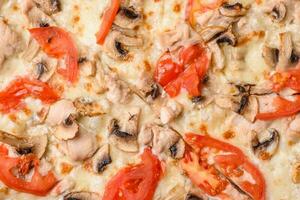 Delicious pizza with chicken, tomatoes and cheese with salt and sauce photo