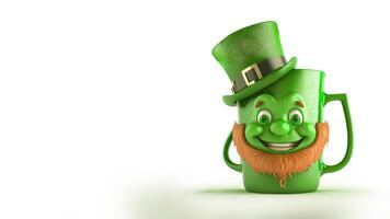 3D Render, Leprechaun Head Mug With Top Hat On White Background And Copy Space. St. Patrick's Day Concept. photo