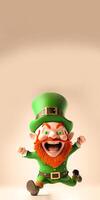 3D Render of Cheerful Leprechaun Man Character In Running Pose And Copy Space. Patrick's Day Concept. photo