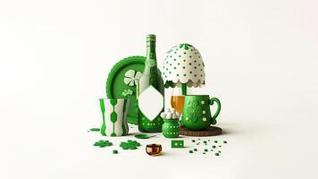 3D Render of Alcoholic Drink Bottle With Glass, Plate, Table Lamp And Clover For Feast of Saint Patrick Day Concept And Copy Space. photo