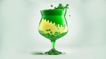 3D Render of Splashing Green And Yellow Cocktail Drink Glass On Pastel Green Background And Copy Space. St Patricks Day Concept. photo