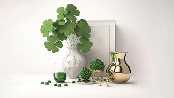 3D Render of Clover, Flower Pot With Blank Frame And Green Drink Glass For St Patricks Day Concept. photo