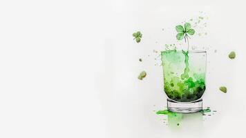 3d hacer de salpicaduras verde cóctel bebida vaso con trébol hojas y Copiar espacio. S t patricks día concepto. foto