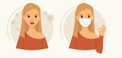 A woman with and without a medical mask. Attention, entrance only with a mask. Entry without a mask is not allowed.Red and green background. Permitted, prohibited. Vector illustration in flat style