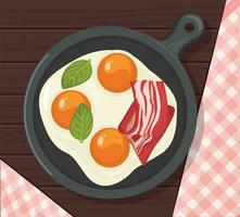 Fried eggs on a frying pan with bacon and green basil leaves. Colorful breakfast illustration. Cartoon vector graphics.