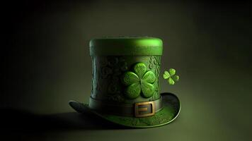 3D Render of Clover Leaves Printed Leprechaun Hat On Green Background. St. Patrick's Day Concept. photo