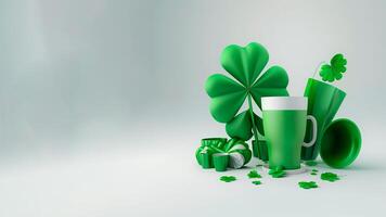 3D Render of Clover Leaves With Mugs, Vase Element On Grey Background. St. Patrick's Day Concept. photo