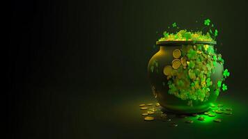 3D Render of Golden Coins Pot Decorated By Clover Leaves On Green Background And Copy Space. St. Patrick's Day Concept. photo