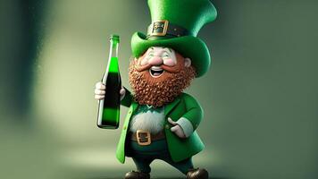 3D Render of Cheerful Leprechaun Man Holding Alcohol Bottle On Pastel Green Background. St. Patrick's Day Concept. photo