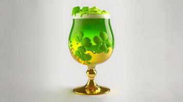 3D Render of Clover Leaves Inside Foam Drink Glass On Grey Background And Copy Space. St. Patrick's Day Concept. photo