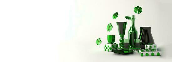 3D Composition of Glassware Bottle With Vases, Gift Boxes Elements On White Background. St. Patrick's Day Concept. photo