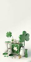 3D Composition of Safe Box With Vases, Clover Leaves And Decorative Elements On White Background. St. Patrick's Day Concept. photo