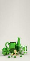 3d composición de verde vaso taza, botella, trébol hoja, dorado jarra y paquete en gris antecedentes. S t. patrick's día concepto. foto