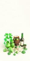 3D Composition of Alcohol Bottle With Drink Glass, Plant Pots, Food Plate And Decorative Elements On White Background. St. Patrick's Day Concept. photo