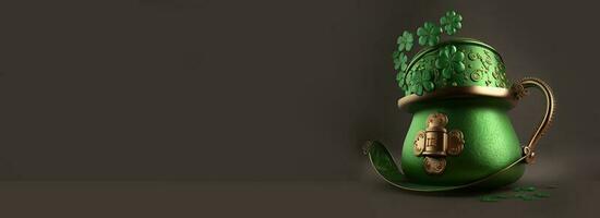 3D Render of Green And Bronze Ancient Ethnic Pot On Dark Background. St. Patrick's Day Concept. photo