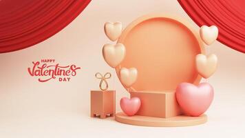 3D Render of Circle Frame Or Stand Decorated With Heart Shape Balloons Against Red Curtains. Love Or Valentine's Day Concept. photo