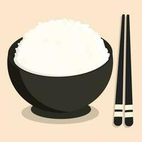 Flat design illustration of warm white rice in a black bowl for menu illustration vector