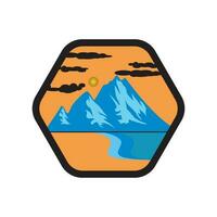 cloudy mountain painting and there is a river flowing inside the hexagon, mountain vector illustration