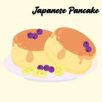 Jiggly Japanese pancake with honey drizzle, bananas, and berries for breakfast or menu illustration vector