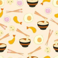 Seamless pattern of ramen with chopsticks and other condiment, egg, mushroom, fish cake, and ebby furai for restaurant background vector