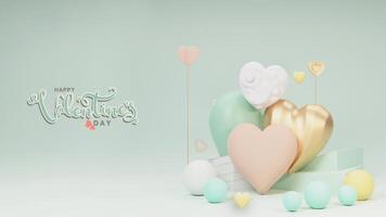 Happy Valentine's Day Header Or Banner Design With 3D Render, Colorful Heart Shapes, Spheres, photo