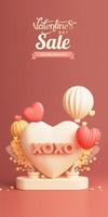 Valentine's Day Sale Banner Or Poster With Discount Offer, Heart Shape Frame With Podium, Balloons And Decorative Elements. 3D Render. photo