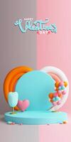 Happy Valentine's Day Concept With 3D Render Colorful Heart Shape Podium Decorated Balloons On Grey And Pink Background. photo