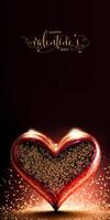 contento San Valentín día texto con 3d hacer de brillante reluciente corazón forma en dorado Encendiendo antecedentes. foto