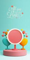 Happy Valentine's Day Concept, 3D Render of Image Placeholder Circular Frame And Heart Shape Stands On Podium. photo