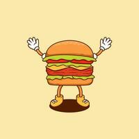 contento hamburguesa dibujos animados ilustración, retro hamburguesa dibujos animados mascota vector ilustración en contento saltando actitud