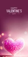 Happy Valentine's Day Text With 3D Render Of Shiny Pink Glittery Heart Shape On Bokeh Background. photo