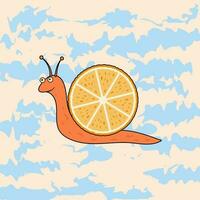 A groovy dreamy joyful snail with an orange instead of a house on a beige and blue background. Groovy style. vector. vector