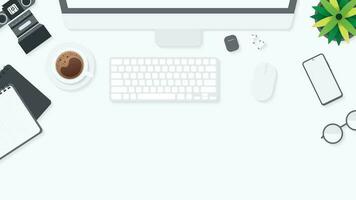 Cover and banner of working desk with gadget. Top view of table working and free space for text with computer, laptop, notebook, coffee cup, phone and paper. vector