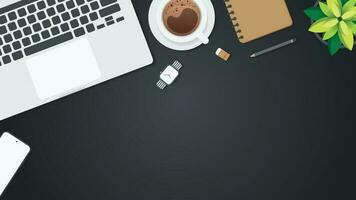 Cover and banner of working desk with gadget. Top view of table working and free space for text with computer, laptop, notebook, coffee cup, phone and paper. vector