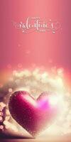 Happy Valentine's Day Text With 3D Render Of Shiny Pink Glittery Heart Shape On Bokeh Background. photo