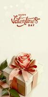 Happy Valentine's Day Text With 3D Render Of Soft Color Gift Box With Rose. photo