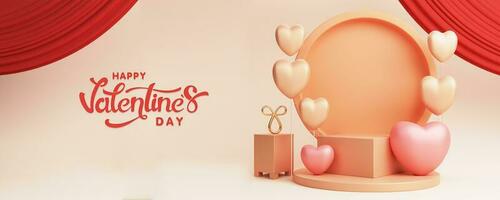 3D Render of Circle Frame Or Stand Decorated With Heart Shape Balloons Against Red Curtains. Love Or Valentine's Day Concept. photo