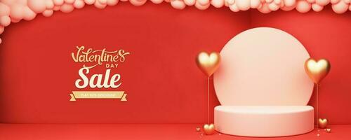 Valentine's Day Sale Banner Or Poster, Landing Page Design With Discount Offer, 3D Render, Circular Podium Decorated Golden Heart Shapes, Balloons. photo