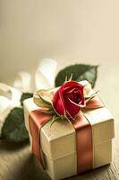 Realistic Gift Box With Red Rose. 3D Render, Love or Happy Valentine's Day Concept. photo