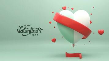 Happy Valentine's Day Text With Soft Color Heart Balloon, Red Ribbon. 3D Render. photo