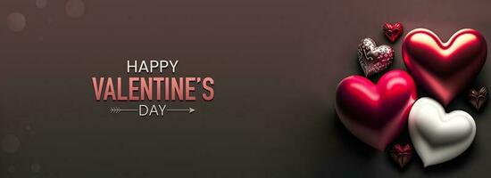 Happy Valentines Day Text With Glossy Colourful Hearts Shapes On Charcoal Background. 3D Render. photo