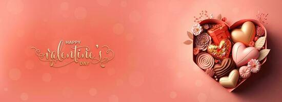 contento San Valentín día texto con 3d hacer de floral corazón forma metal caja con Rosa pétalos foto