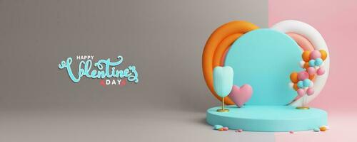 Happy Valentine's Day Concept With 3D Render Colorful Heart Shape Podium Decorated Balloons On Grey And Pink Background. photo