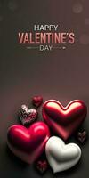 Happy Valentine's Day Text With Glossy Colorful Hearts Shapes On Charcoal Background. 3D Render. photo